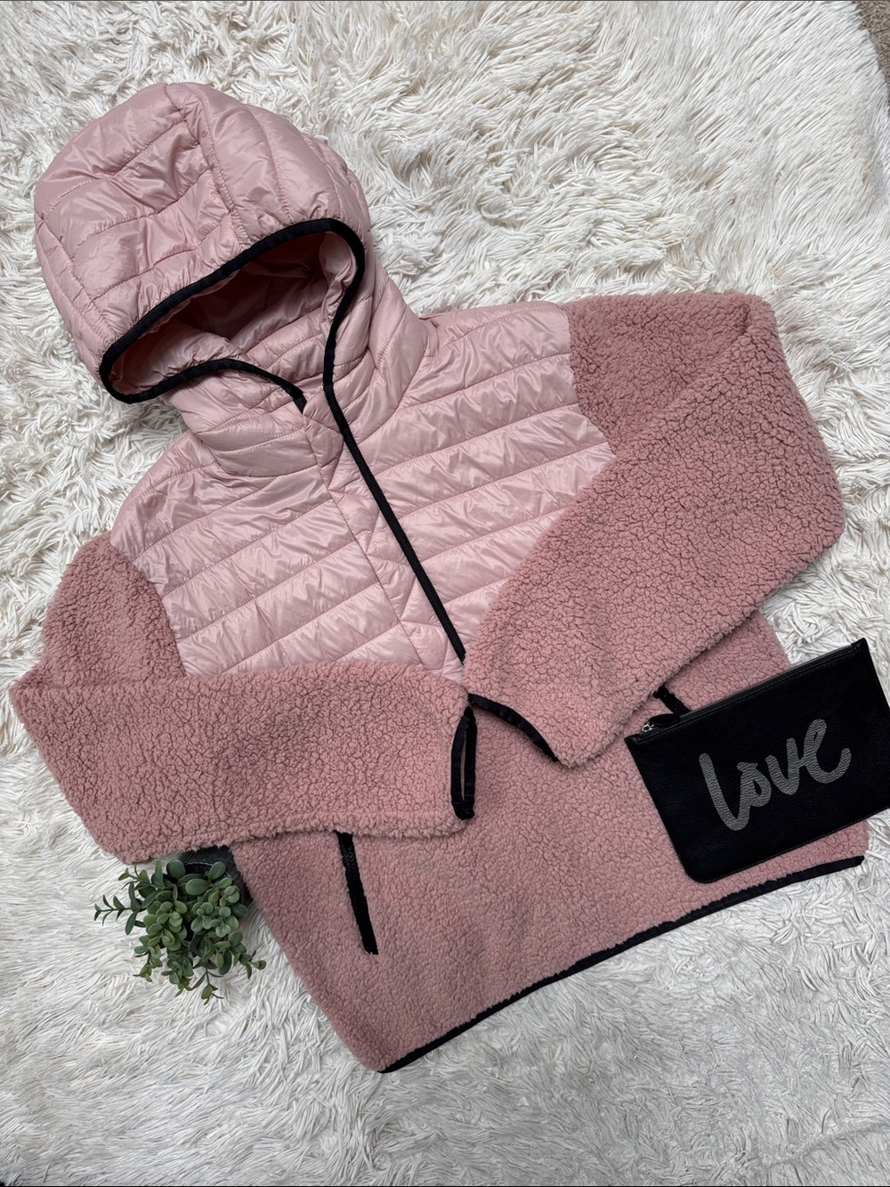 Love Tree Sherpa & Quilted Hooded Jacket 💗 Pink & Black